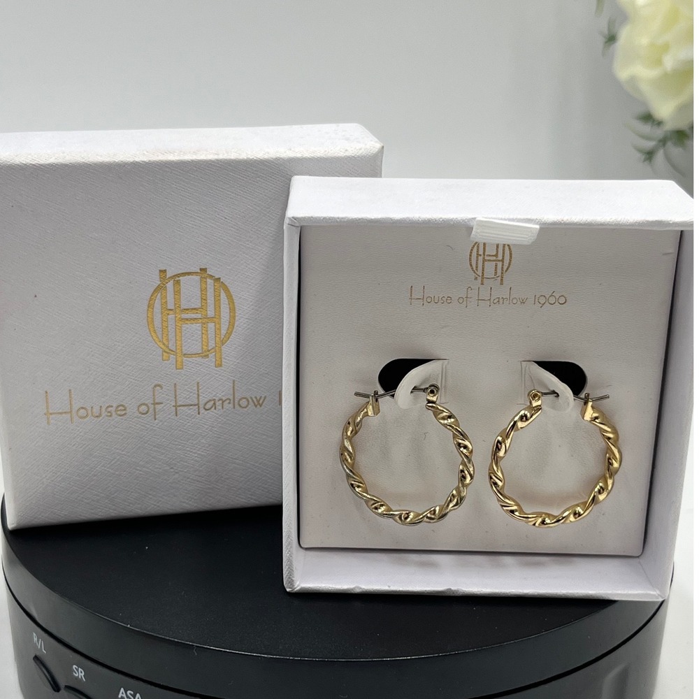 House of Harlow 1960 Gold Plated Ribbed‎ Rope Twisted Hoop  Earrings New